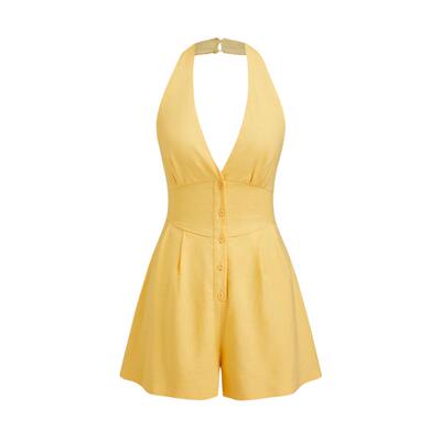 CIDER时尚连身裤亚麻V领纽扣蝴蝶结露背连身裤114651037