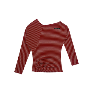 Called Back长袖T恤女2026春夏新款收腰不对称斜肩设计感条纹上衣