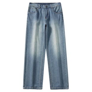 薄款美式水洗牛仔裤男夏季2026新款松紧腰宽松直筒休闲长裤子男款