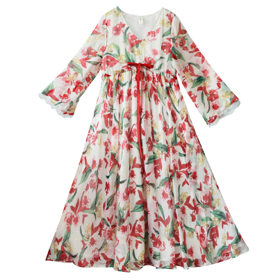 雪纺喇叭袖连衣裙女夏季印花