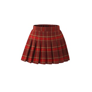 女童半身裙2025新款秋冬装儿童格子短裙女中大童新年红色毛呢裙子