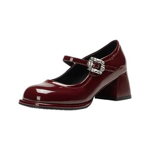 依思q一字带玛丽珍鞋女2026新款红色鞋子婚鞋粗跟不累脚高跟鞋女