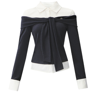 fragileheart易碎商店·智性薄雾一字肩绑带拼接针织衬衫裙裤套装