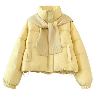 黄色可拆针织连帽披肩立领羽绒服女2025冬季新款宽松加厚保暖外套