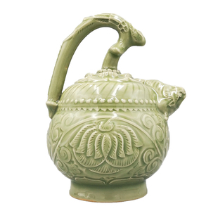 五代青瓷提梁倒灌壶倒装壶耀州窑青瓷仿古雕刻陶瓷特色摆件