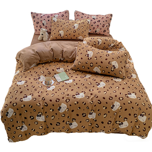 秋冬季牛奶绒床上四件套双层纱加绒面被套珊瑚绒床单三件套可爱喵