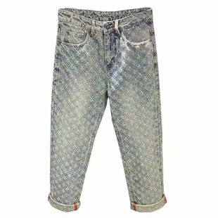 25冬季加绒加厚牛仔裤男美式复古提花满印潮牌直筒重工水洗长裤子