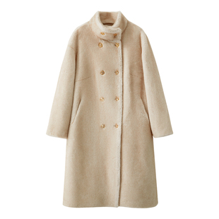 Amii2025冬新款温暖摩登高领双排扣仿貂毛长款环保皮草女毛绒外套