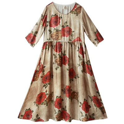 原创铜氨丝印花连衣裙长裙女夏季