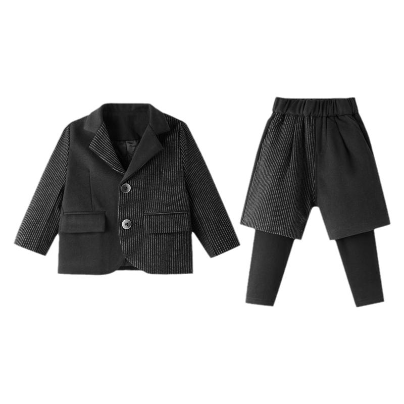 21秋冬潮牌韩版男童条纹夹棉呢子拼接礼服生日小西装洋气套装加厚