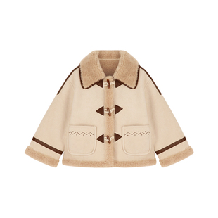 Amybaby女童上衣冬季2025新款休闲民族风气质撞色翻领夹克外套