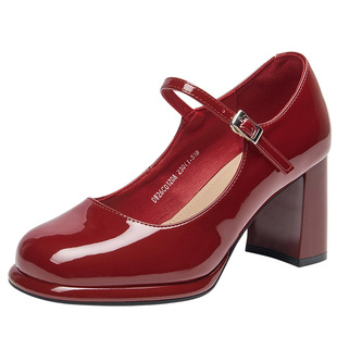 大东官方红色单鞋女2026新款春季粗跟高跟鞋不累脚婚鞋玛丽珍女鞋
