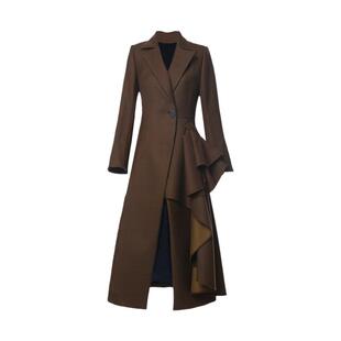 IDPAN女装冬季新款通勤千鸟格荷叶边设计长款大衣毛呢外套女