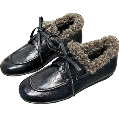 烟雨诗情2025冬新款英伦风舒适牛皮真皮系带平底鞋毛毛鞋女鞋0319