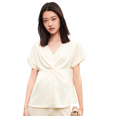 SELLYNEAR褶皱通勤v领上衣