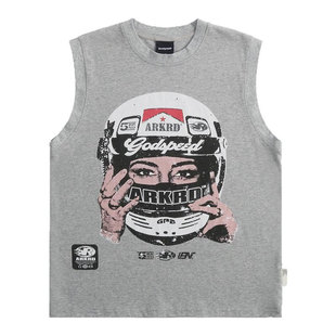 ROCKYROAD童装美式复古街头花灰赛车印花背心无袖T恤圆领坎肩汗衫