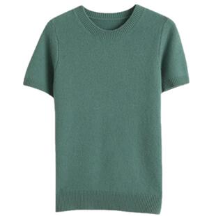 春季圆领短袖女羊毛衫宽松短款打底衫半袖针织衫薄款中袖羊绒毛衣