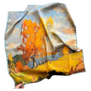 杭州丝绸真丝丝巾100%桑蚕丝围巾女绿色油画披肩大小方巾送妈妈款