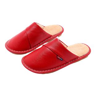 海宁家用居家牛皮拖鞋冬季男女家居保暖厚底防滑真皮面棉拖鞋情侣