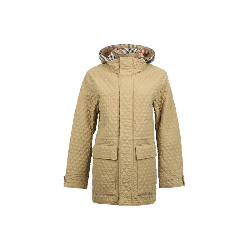 【自营】BURBERRY/博柏利女士中长款格纹连帽秋冬菱格棉服外套