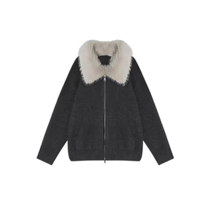 周也明星同款法式复古可拆卸毛领短款针织开衫女冬季保暖毛领外套