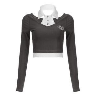 STN学院风刺绣假两件针织上衣2025新款撞色性感露肩短款长袖T恤女