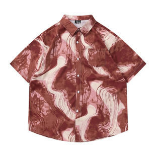 TRAVEL ISLAND 逐渐沾染 潮牌个性创意红色水墨扎染印花短袖衬衫