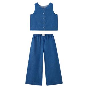 【醋酸牛仔】eland kids衣恋童装女童套装26夏新品牛仔马甲阔腿裤