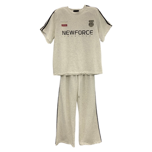 2026春季新款韩系复古运动风字母印花短袖T恤休闲阔腿裤两件套装