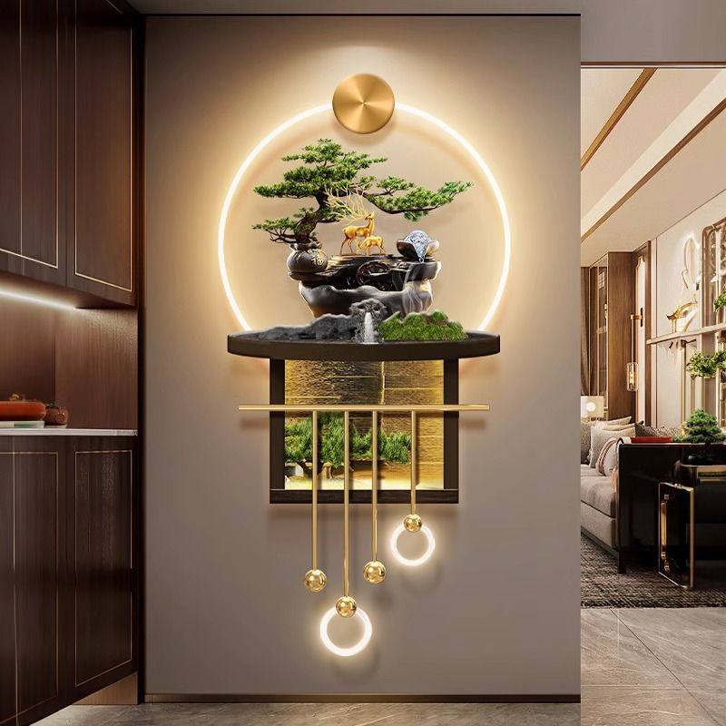 新中式迎客松玄关装饰画罗汉松柏树走廊壁画灯流水生财入户门挂画