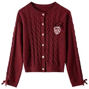 BANANA BABY秋冬新款安可拉红针织开衫女上衣气质新年红色毛衣