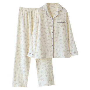 泡泡棉纱睡衣女款春秋季纯棉长袖套装碎花大码全棉纱布外穿家居服