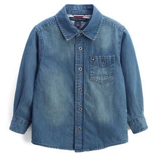 潮牌春秋新款男童翻领长袖衬衫水洗纯棉衬衣青少年蓝色外套牛仔衫
