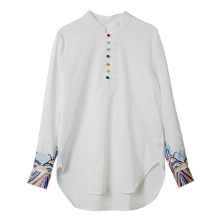 宝诗黎国风条纹刺绣长袖衬衫2026春季新款洋气百搭白色职业衬衣女