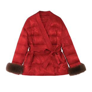 新中式国风红色羽绒服女短款2025冬季新款高级感提花收腰保暖外套