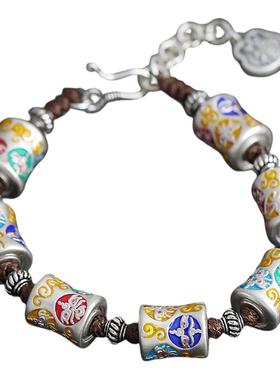 足银珐琅圆柱桶珠如意小蛮腰编绳手链女2025年小众设计个性简约