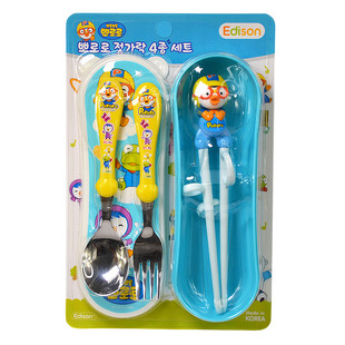 韩国进口爱迪生Pororo儿童餐具训练学习筷子不锈钢叉勺子套装