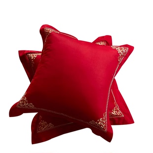 大红色纯棉靠垫枕套 刺绣抱枕一对45*45CM沙发结婚床上用品婚庆