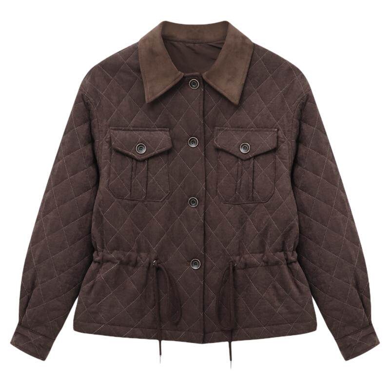 Basic House/百家好翻领拼接抽绳收腰棉服冬季撞色菱格棉衣外套女