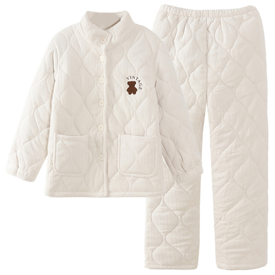 情侣睡衣冬季珊瑚绒三层夹棉套装