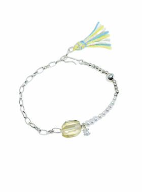 天然黄水晶淡水珍珠纯银流苏手链