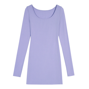 ousph【现货5折】针织紫色方领长袖连衣裙女修身短款气质纯欲裙子