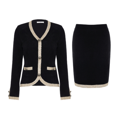 LYNEE【黑标鎏金套】复古黑金针织撞色小香风开衫直筒半身裙套装