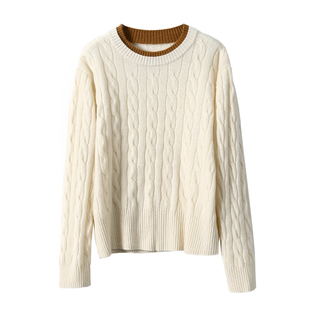 淘么淘 吸睛时髦 复古绞花全羊毛宽松圆领撞色假两件针织衫毛衣女