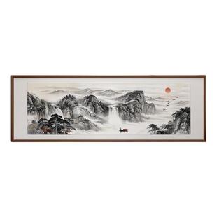 迎客松挂画新中式入户玄关客厅茶室装饰画横版风景山水画客厅壁画