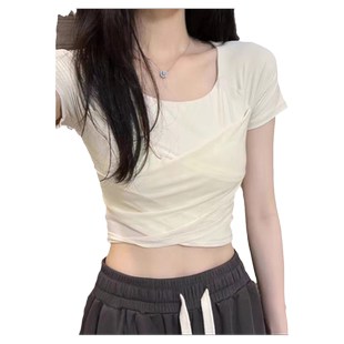 甜辣妹纯欲风性感韩版短袖T恤女夏季修身显瘦短款打底小衫U领上衣
