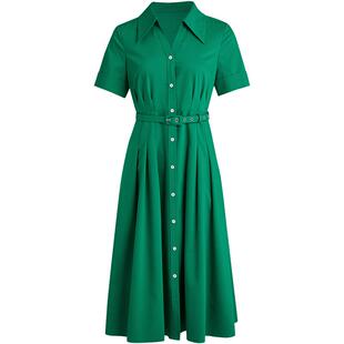 LANDI元气通勤绿色V字翻领收腰A摆衬衫连衣裙女夏新品