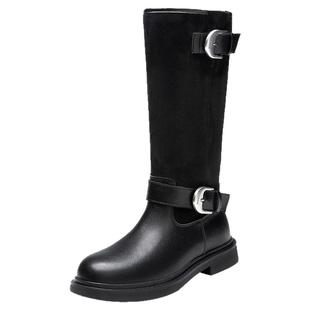 大东中筒靴女2025新款冬季褶皱堆堆靴西部靴骑士靴美拉德加绒靴子