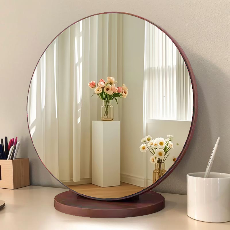 桌面化妆镜台式家用圆形折叠实木梳妆镜2024新款学生宿舍便携镜子