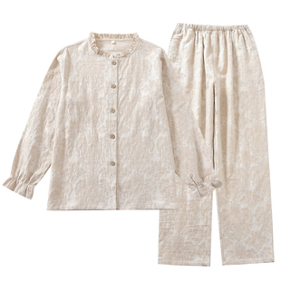 新款棉麻睡衣套装女士亚麻春夏秋冬季木耳边领纯棉长袖长裤家居服